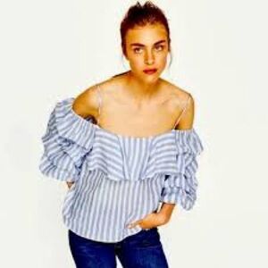 Zara Off-Shoulder Blue and White Ruffled Blouse